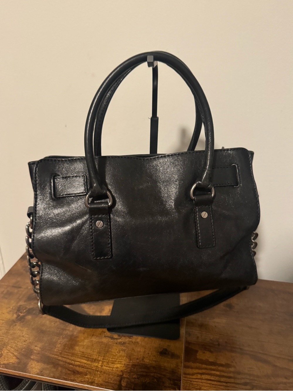 Michael Kors Black Leather Studded Satchel with Gold Accents - Picture 6 of 8